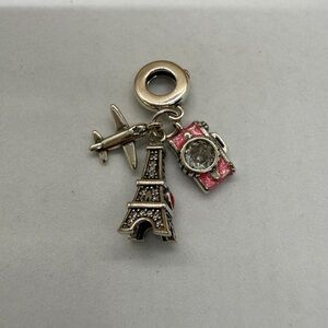 Travel Dangle Charm – Eiffel Tower, Camera & Airplane, Sterling Silver 925